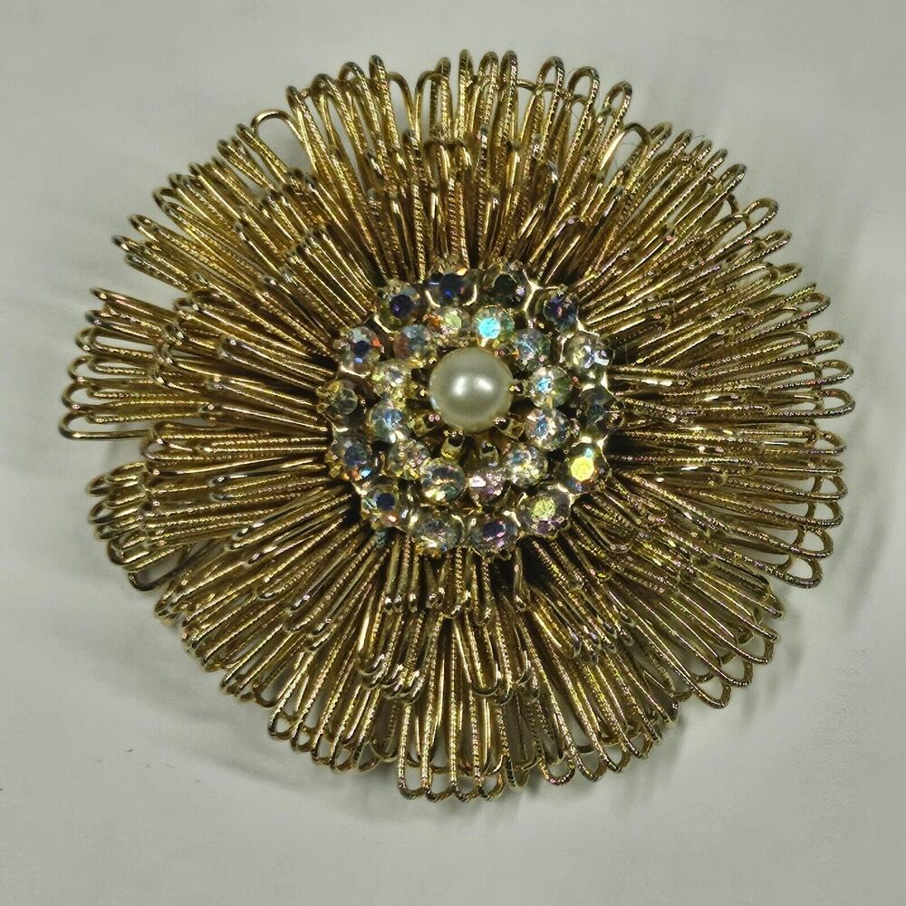 Gold Wire Flower Pin w/Rhinestone Faux Pearl Center Vintage MCM Brooch Starburst